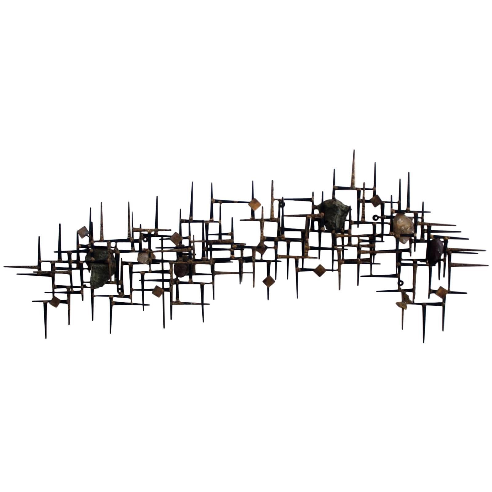 Brutalist Abstract Wall Mount Sculpture with Quartz Pieces by Jim Gary