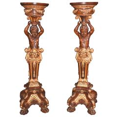 Pair of French Carved Walnut Cherub Pedestal Stands Torcheres