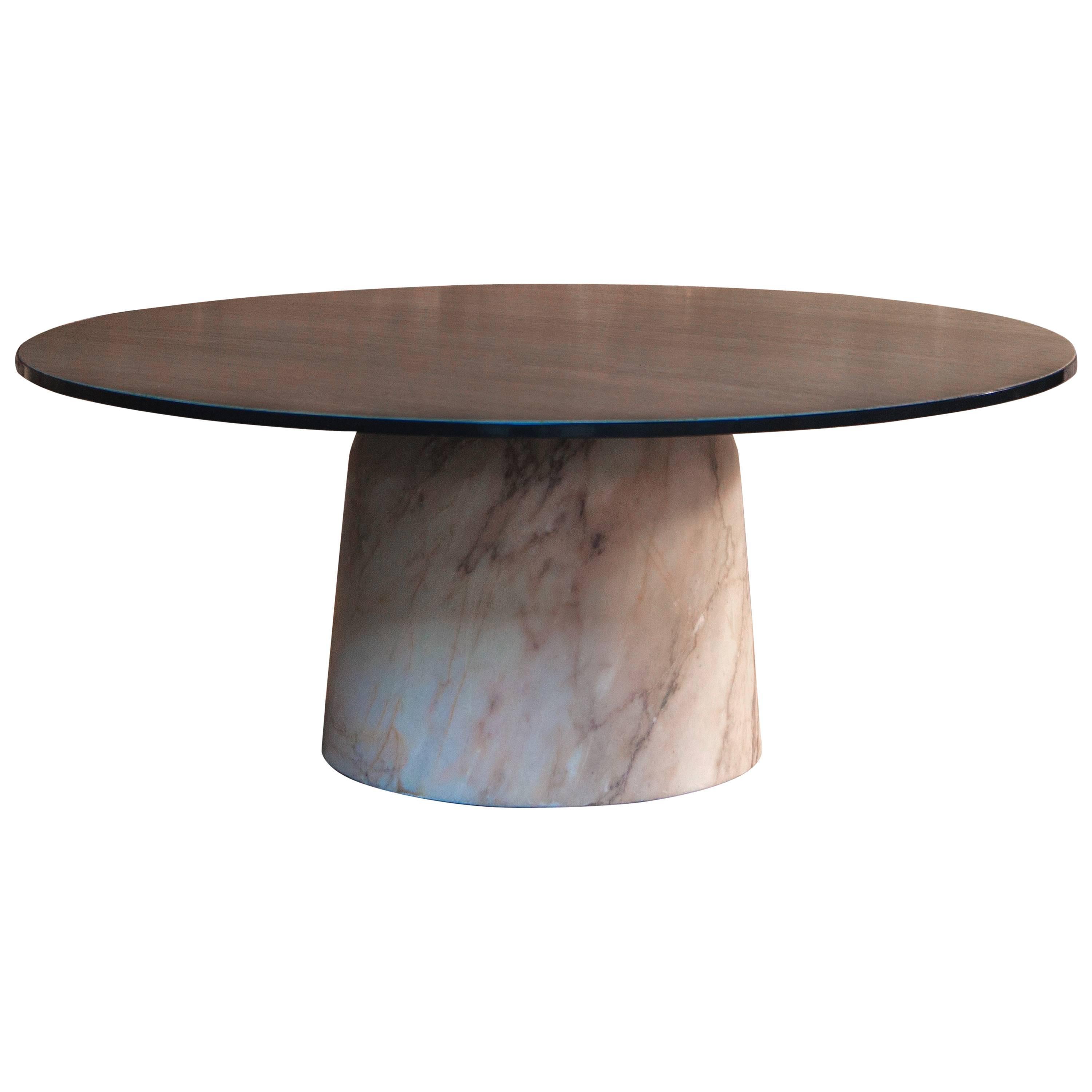 European Modern Marble and Timber Round Coffee Table from France For Sale