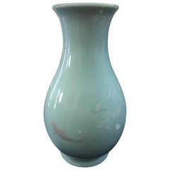 Japanese "Double Koi" Masterwork Celadon Glazed Flower Vase Signed Mint & Boxed