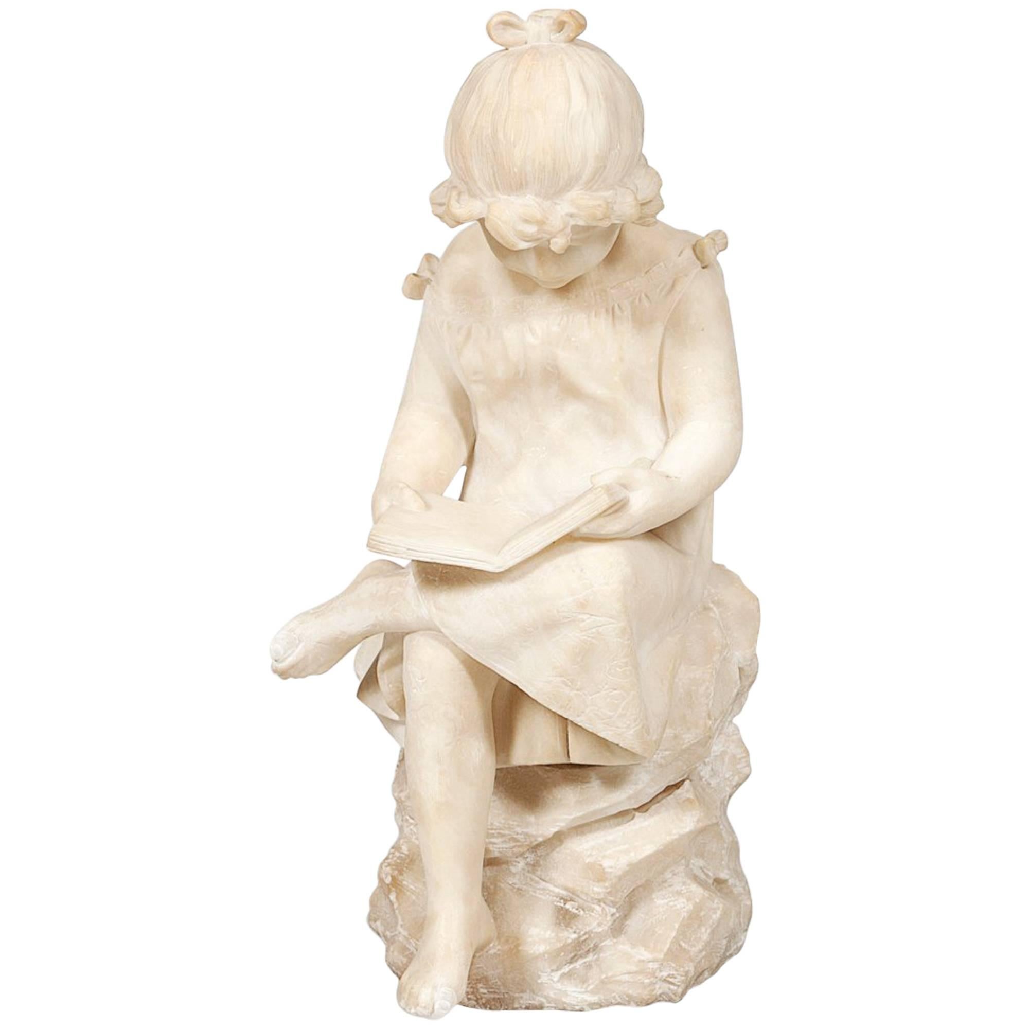 19th Century White Marble Statue of a Young Girl Sitting Reading