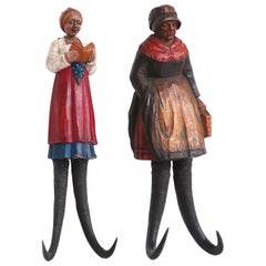 Antique Pair of Black Forest Figural Carved Wall Hooks, 19th Century