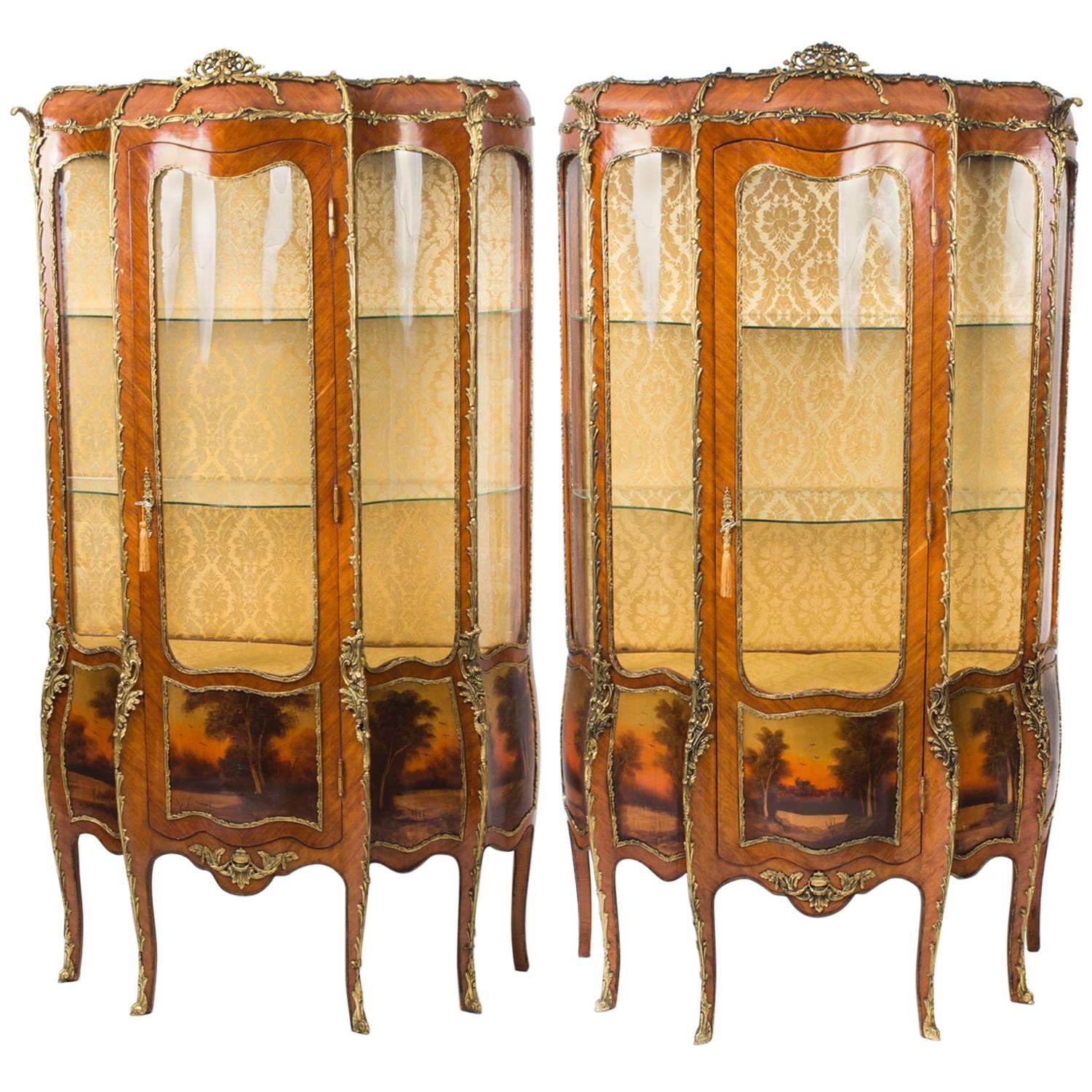 Antique Pair French Vernis Martin Serpentine Vitrine Cabinets