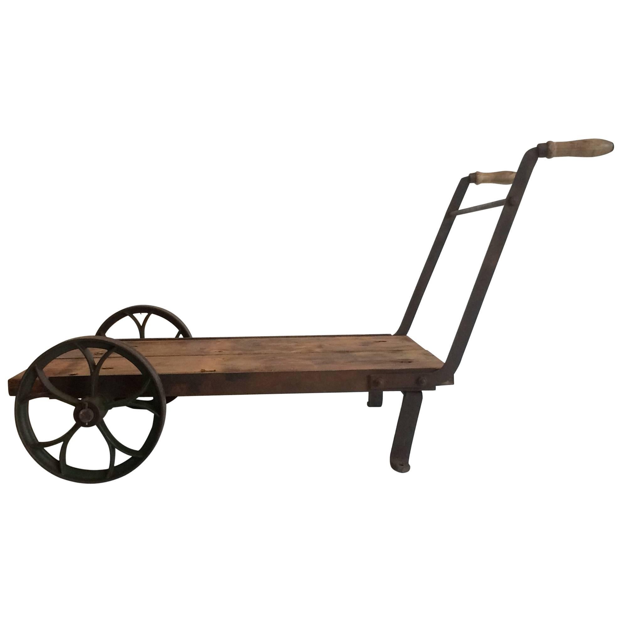 1860 Industrial Vintage Trolley, Wheelbarrow or Cart Steel Wheeled Coffee Table For Sale
