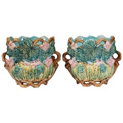 Pair of 19th Century, French, Hand-Painted Barbotine Cache Pots with Leaves