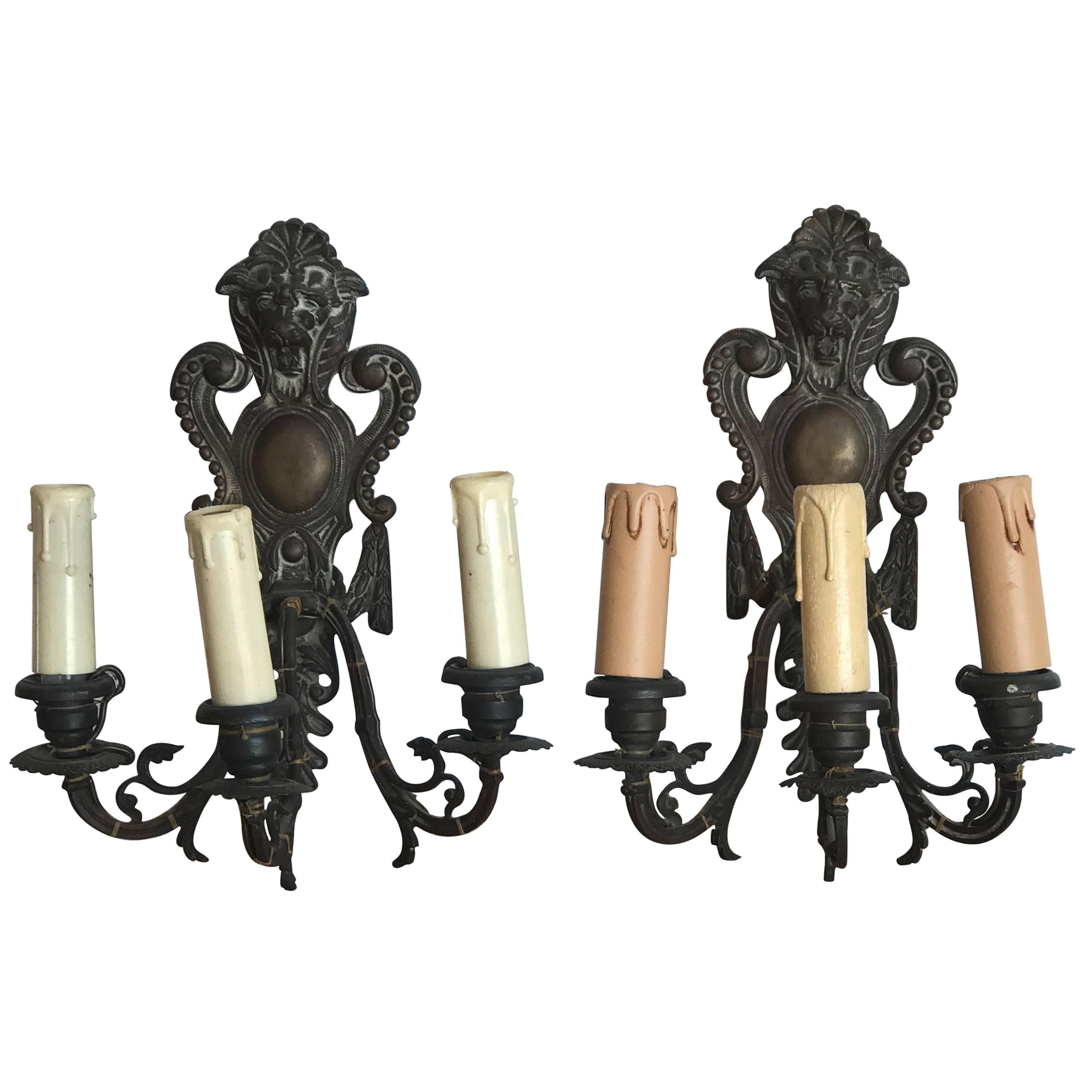 19th Century French Three-Arm Bronze Sconces with Lion Heads For Sale