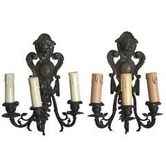 19th Century French Three-Arm Bronze Sconces with Lion Heads