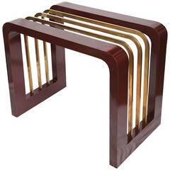 1970s Burgundy High Gloss Formica and Brass Dining Table or Desk with Glass Top 1