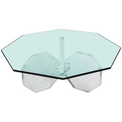 1970s Three Thick Lucite Octagon Shaped Coffee Table with Octagonal Glass