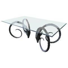 Used Sculptural Ibex, Gazelle, Ram's Heads Dining Table, Glass Top, 1960s, France