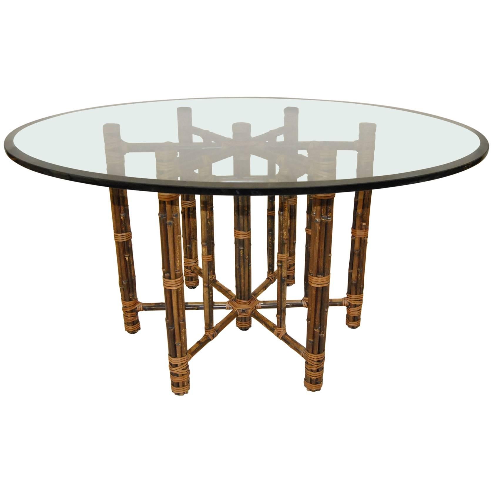Glass Top Rattan Round Dining Table by McGuire