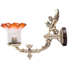 Big Historistic Bronze Wall Lamp with Angel and Beautiful Original Glass Shade