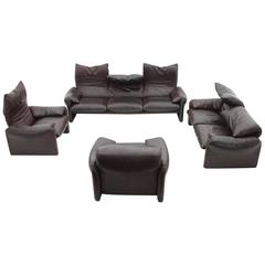 Large Leather Lounge Group "Maralunga" with Chairs and Sofas by Vico Magistretti