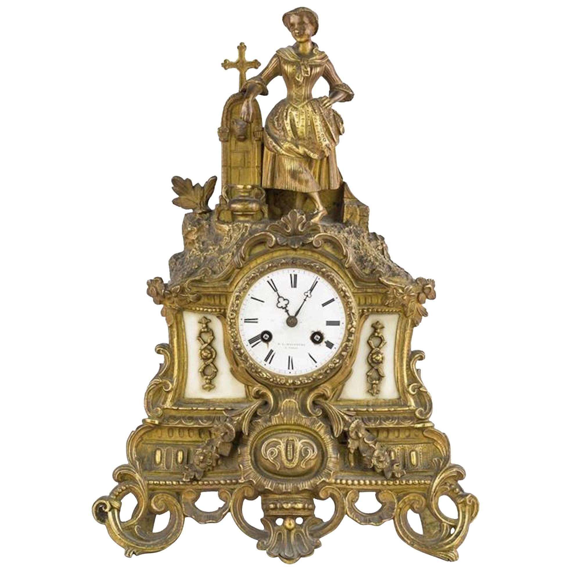 Late 19th Century Gilt Brass Figural Mantel Clock For Sale