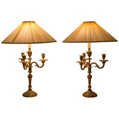 Antique Pair of Louis XVI Bronze Candelabra Lamp Mounted