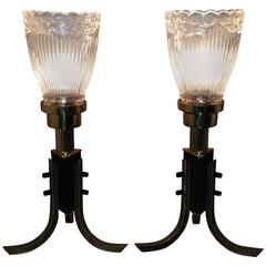 Pair of French Gilt Brass and Black Table Lamps