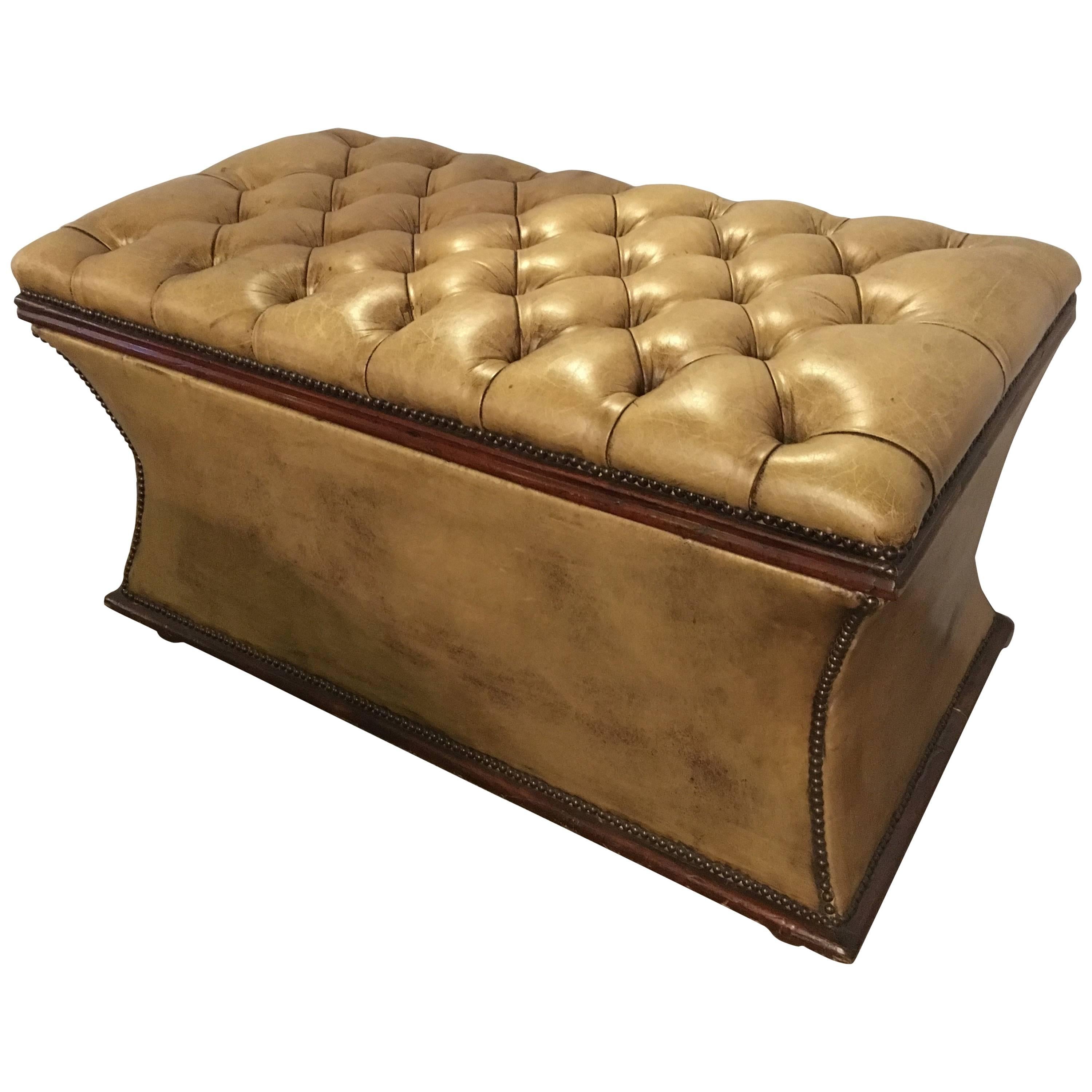 Antique English Tufted Leather Storage Chest or Dowry
