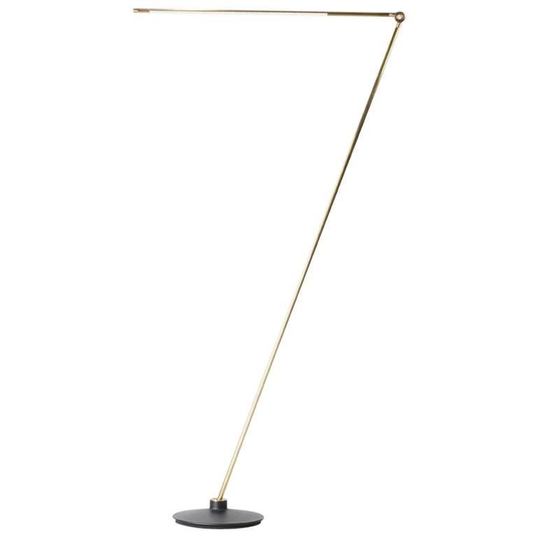 Thin Contemporary Dimmable LED Adjustable Floor Lamp in Satin Brass For Sale