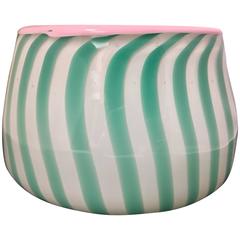 Vintage Large Handblown Glass Bowl Green and White Stripes Memphis Era Signed, 1986