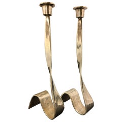 Pair of Brutalist Forged Iron Silver Plated Candleholders