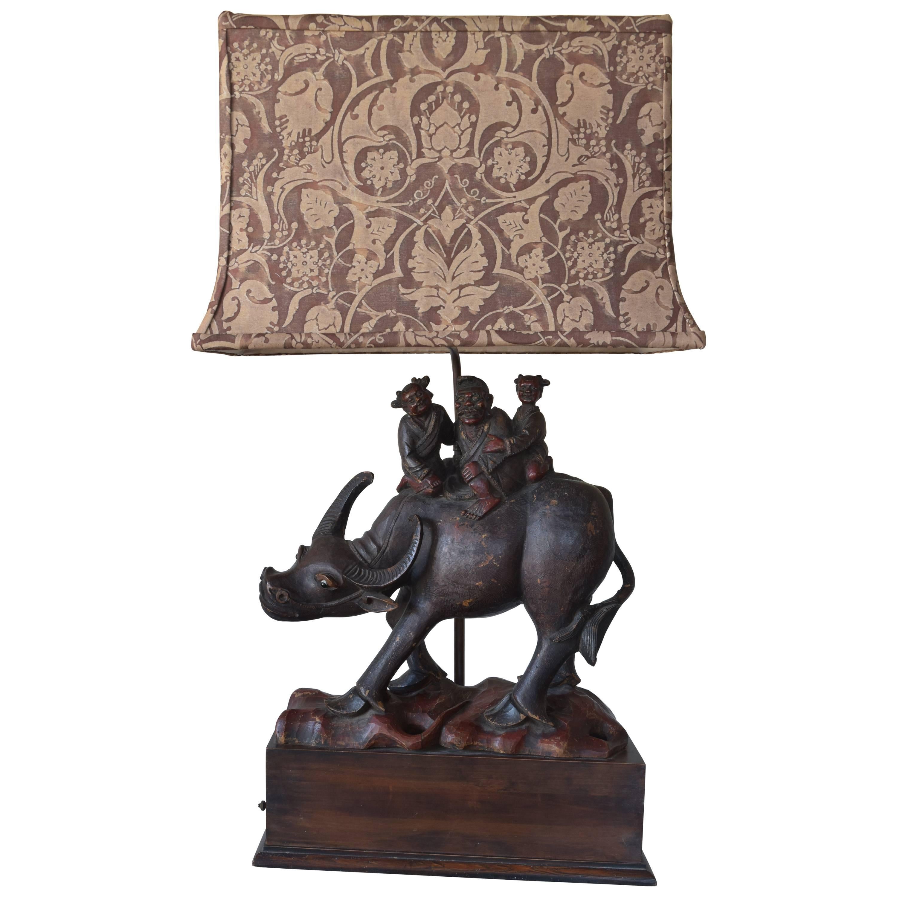 Water Buffalo Lamp with Custom Fortuny Shade For Sale
