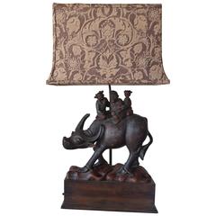 Antique Water Buffalo Lamp with Custom Fortuny Shade