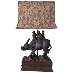 Water Buffalo Lamp with Custom Fortuny Shade