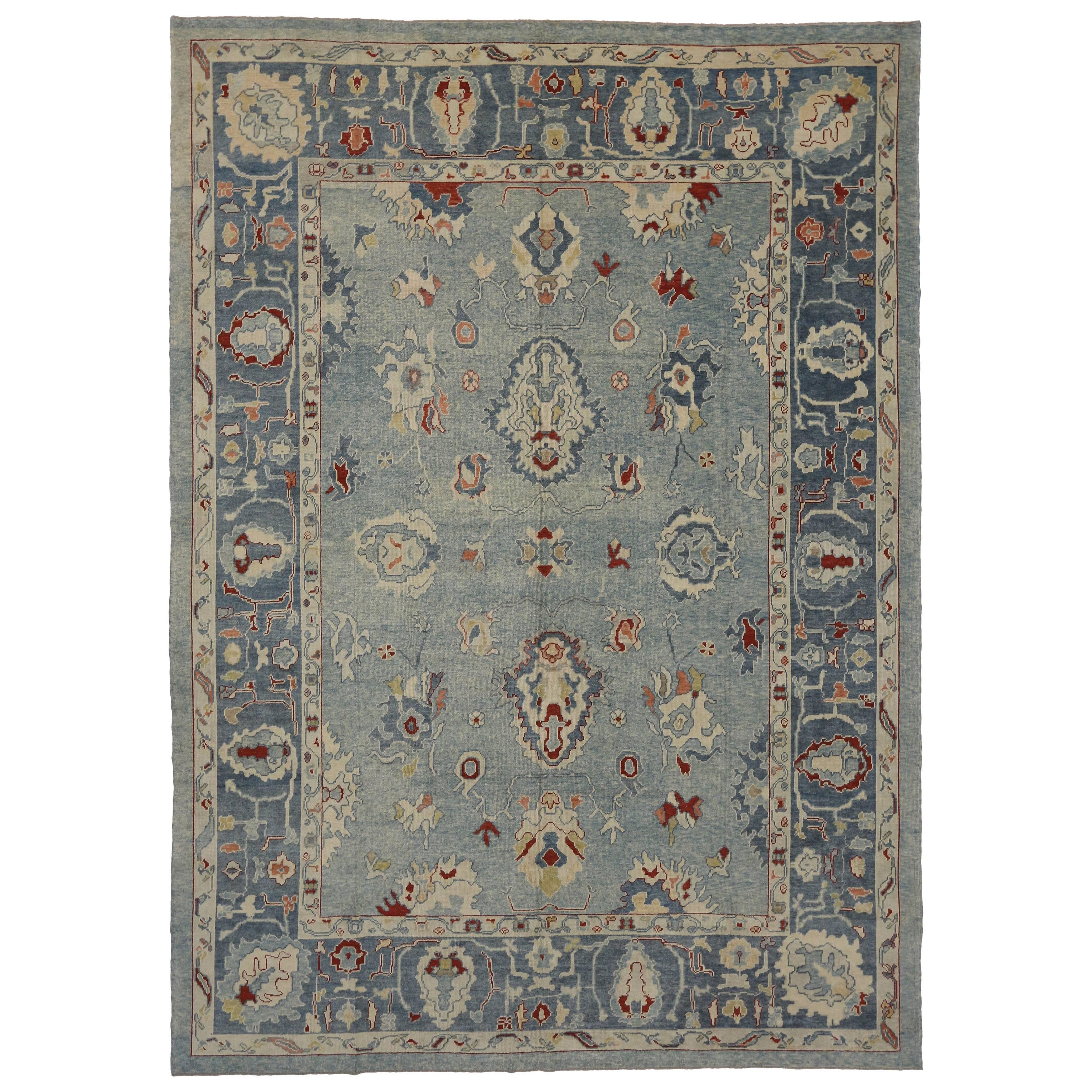 Modern Turkish Oushak Rug with Transitional Style in Sky Blue
