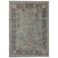 Modern Turkish Oushak Rug with Transitional Style in Sky Blue