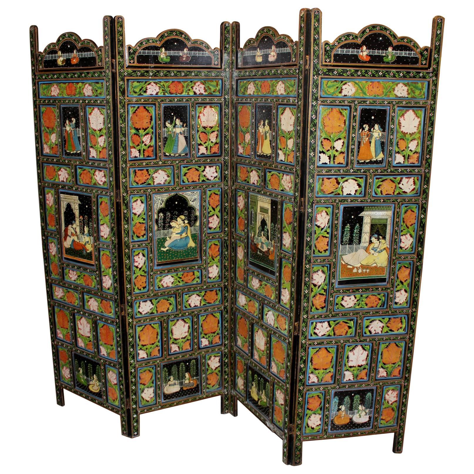 Four Panel Polychrome Hand-Painted Indian Dressing Screen