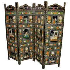 Four Panel Polychrome Hand-Painted Indian Dressing Screen