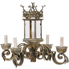 Crown Motif Italian Chandelier with Hand-Forged Iron & Painted Wood