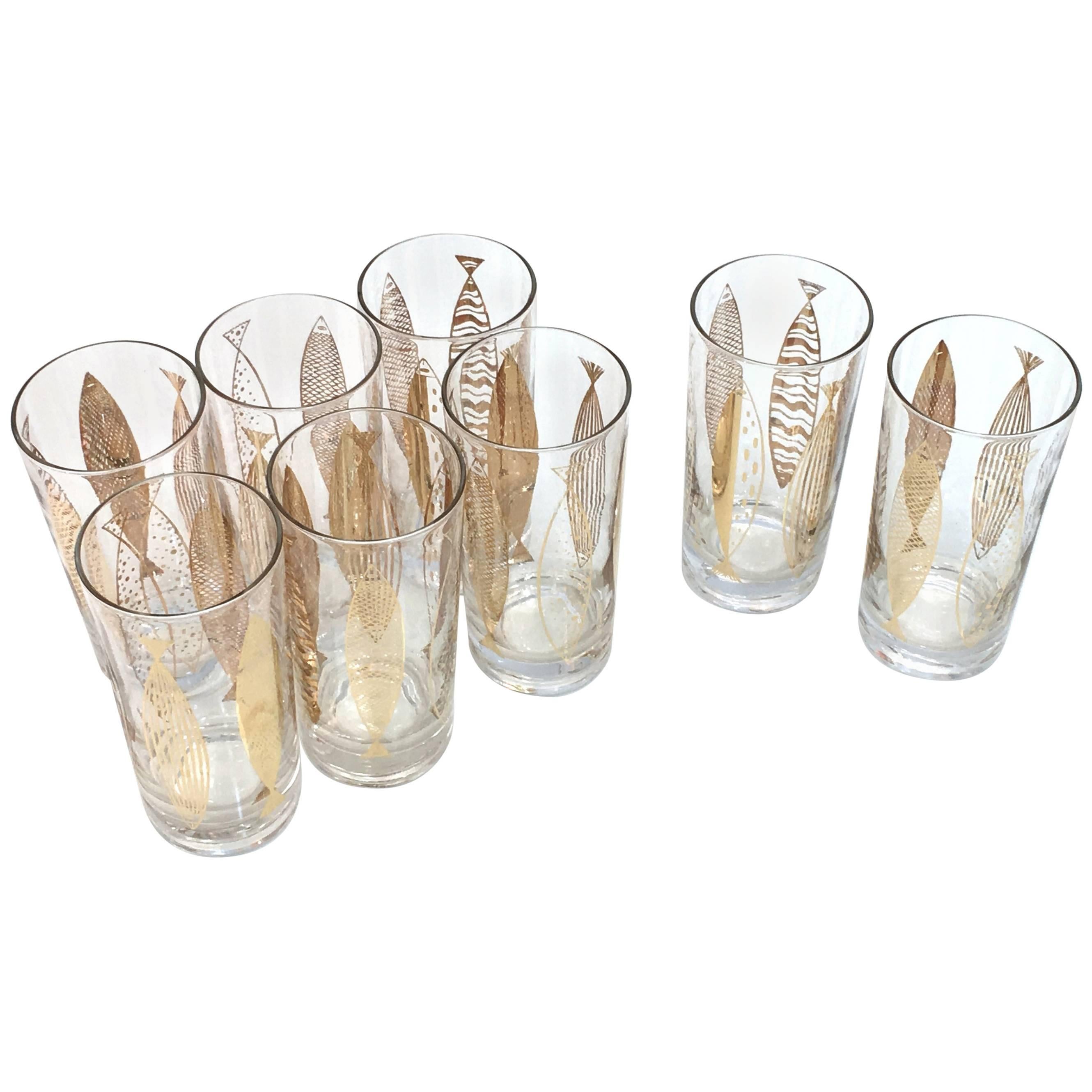 Set of Eight Tom Collins Glasses by Fred Press Fish Motif