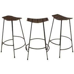 Vintage Set of Three Bar Stools in Wicker Cane