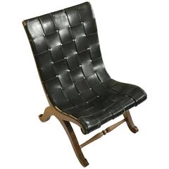 Valenti Black Leather Chair, Spain, Mid-Century