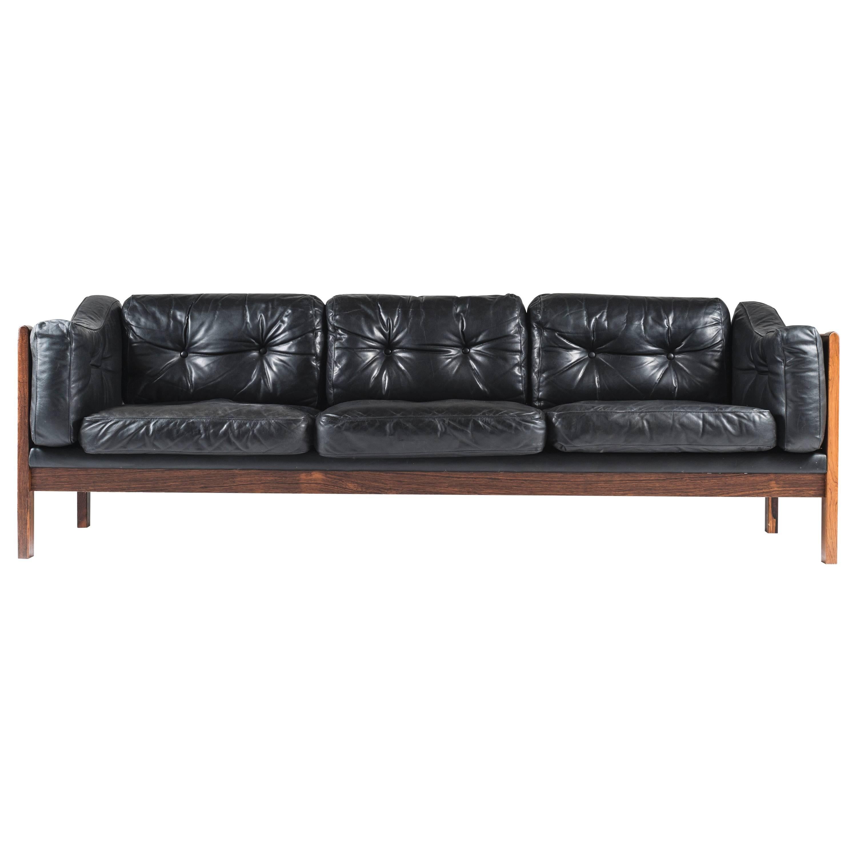 Scandinavian Rosewood and Black Leather Sofa "Monte Carlo", 1965