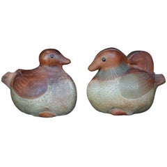 Japan Fine Antique Pair of Hand-Painted Mandarin Ducks with Custom Display