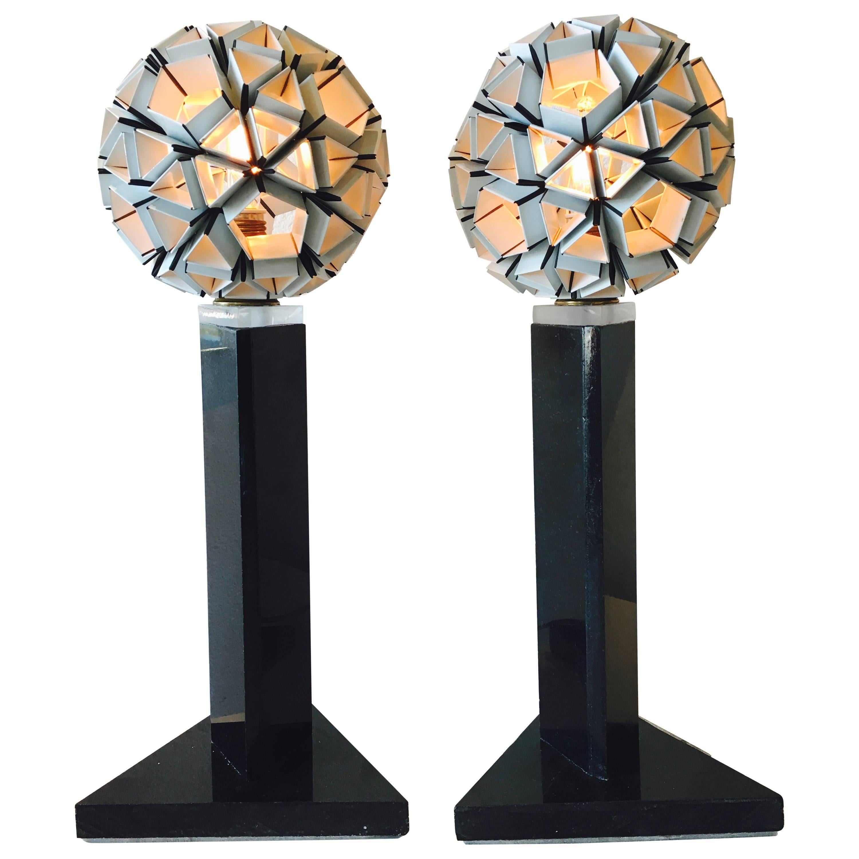 One-of-a-Kind Pair of "Dandelion" Lamps, Laminate Origami, Black Marble, Lucite For Sale