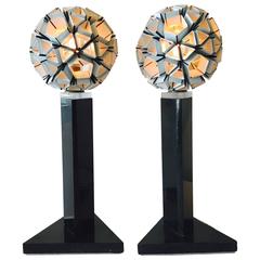 One-of-a-Kind Pair of "Dandelion" Lamps, Laminate Origami, Black Marble, Lucite