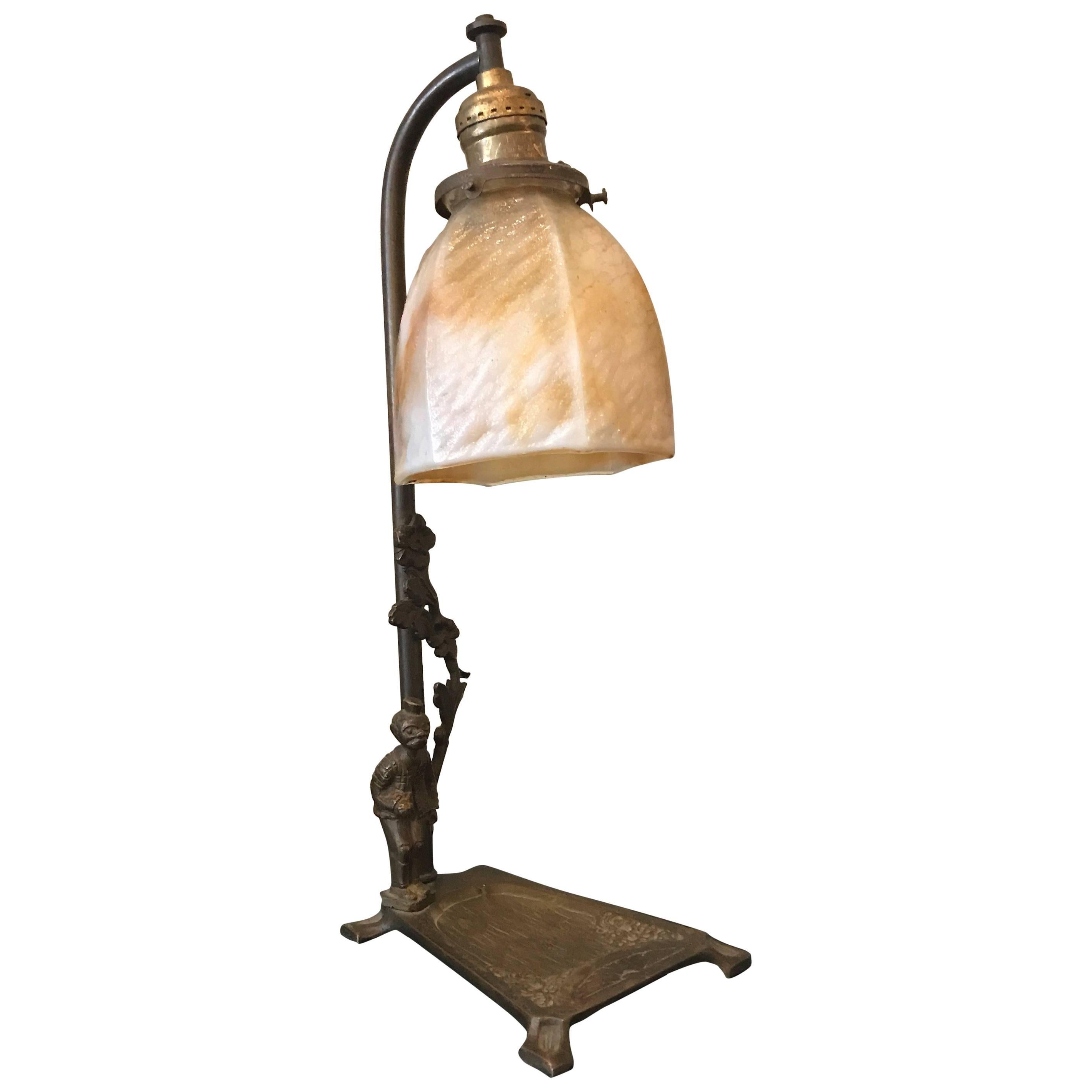 Art Deco Brass and Stain Glass Table Lamp