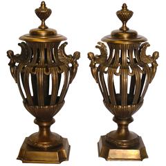 Vintage Pair of Mid-Century Brass Open Urns