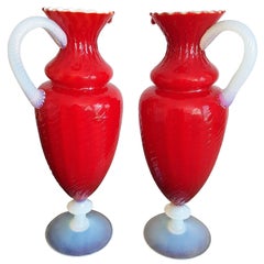 Pair of Napoleon III Refined Red and White Opaline Vases Pitchers, France