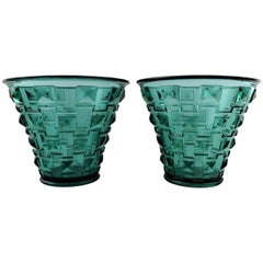 Simon Gate for Orrefors, a Pair of Green Art Deco Art Glass Vases