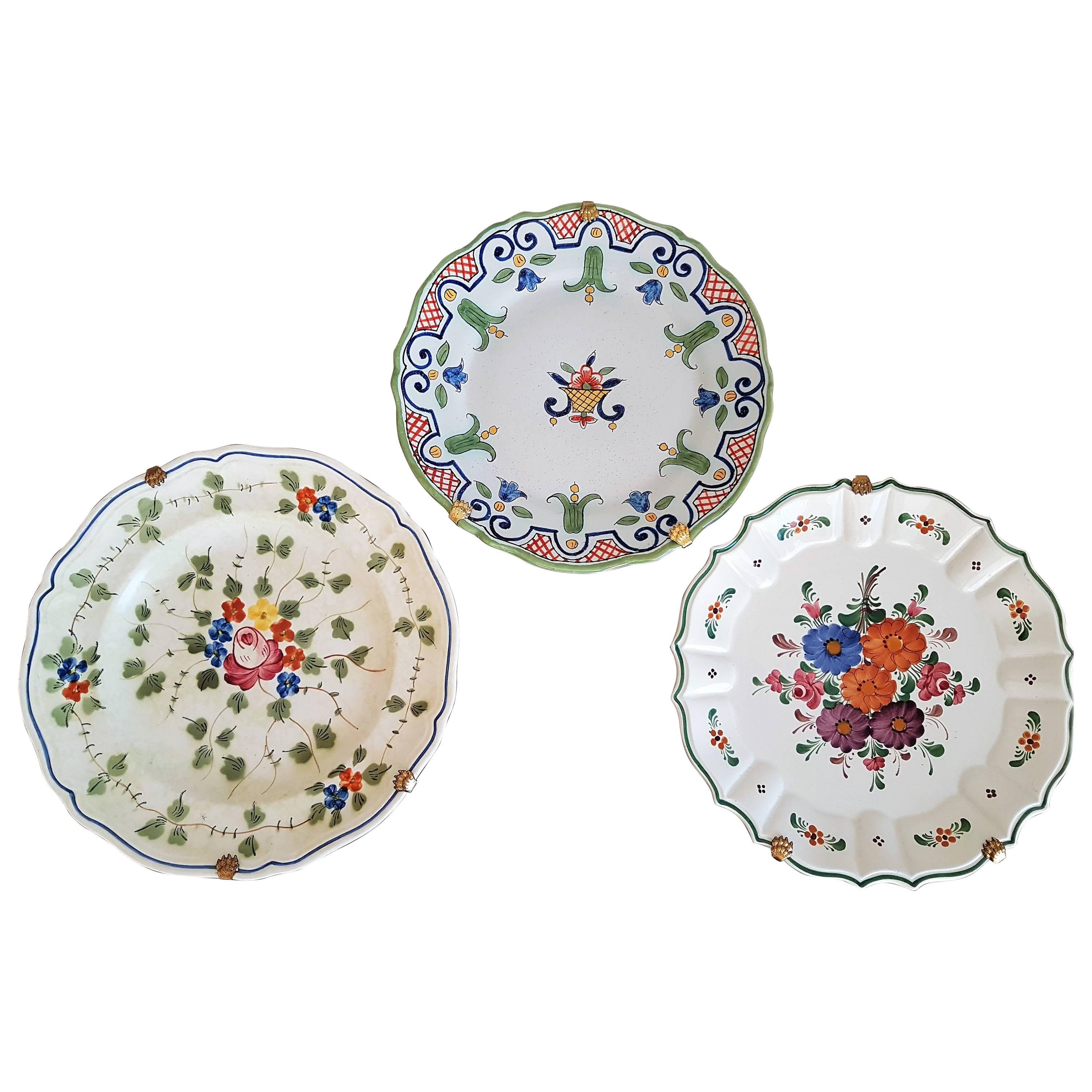 Set of Three Countryside Hand Painted Decorative Floral Plates