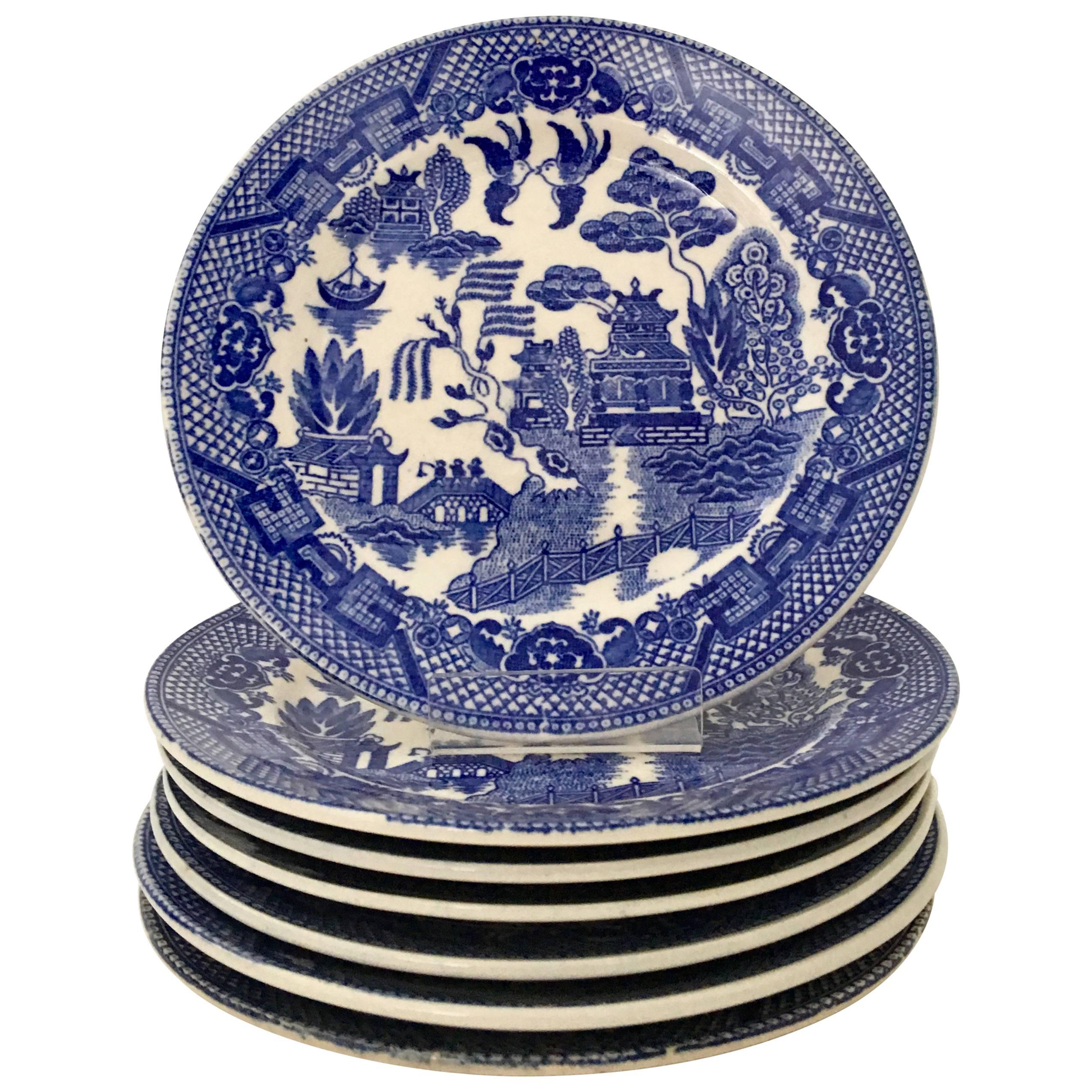 Ensemble de sept assiettes japonaises anciennes « saule bleu »