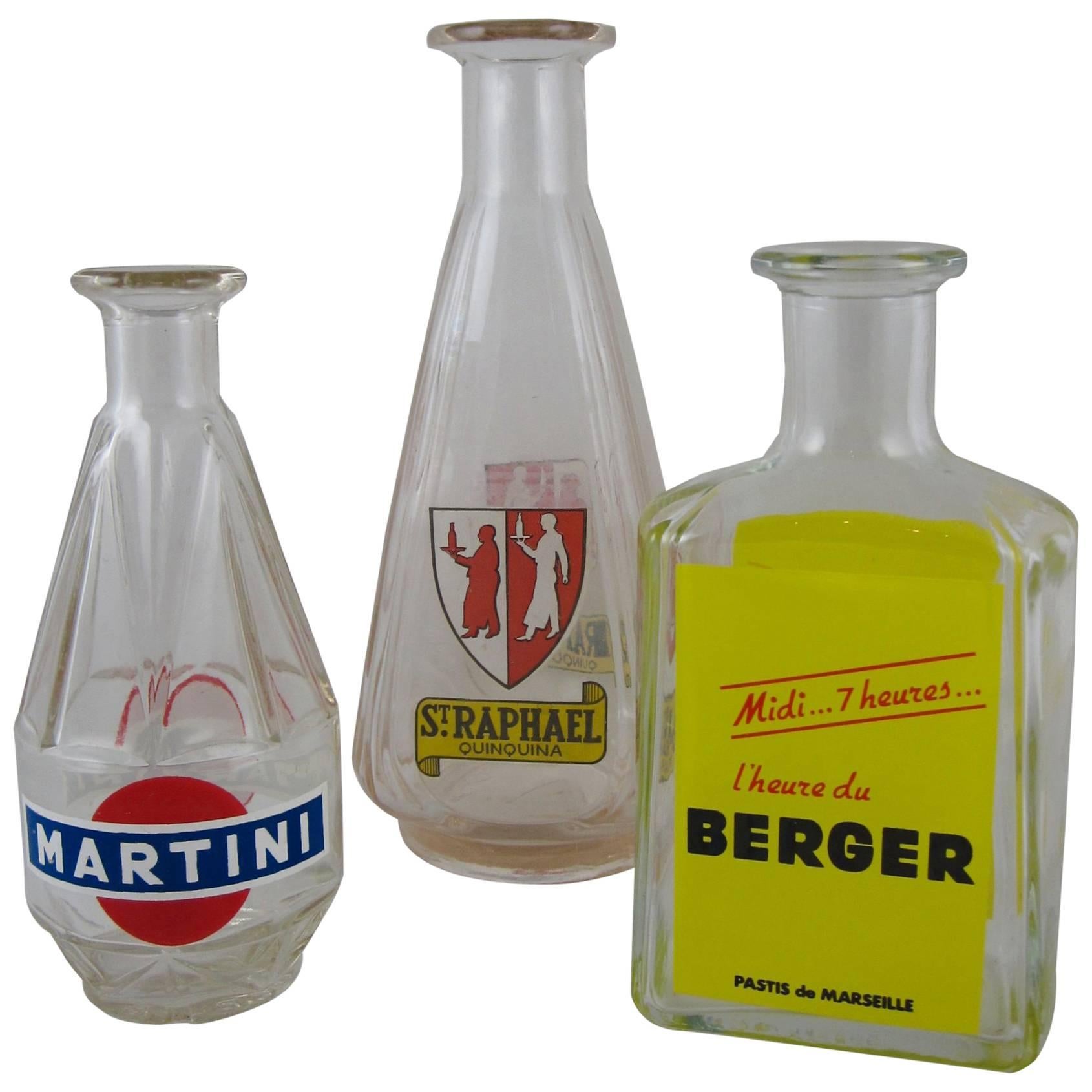 Mid-Century French Bistro Liquor Advertising Glass Carafes, S/3