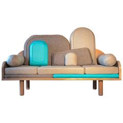 European Modern Oak Three-Seat Sofa with Adjustable Cushions Made in France