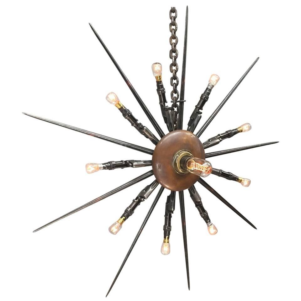 1880's Russian Rifle Bayonet Pendant Chandelier, Steel, Copper, Brass & Bronze For Sale