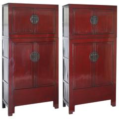 Antique Pair of Red Lacquer Compound Storage Cabinets, Stacked, Chinoiserie 2