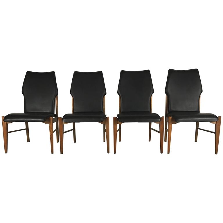 Set Of Four Mid Century Modern High Back Dining Chairs In Walnut By